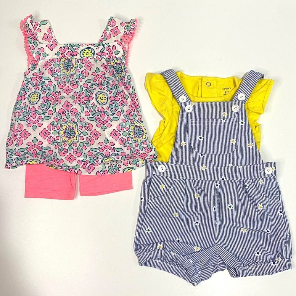 Carter's 4 Piece Baby Girl 9 months Overalls & Leggings Play Wear Outfit Bundle